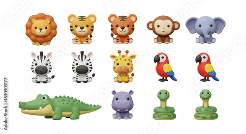 A collection of cute 3D cartoon jungle and safari animal characters isolated on a white background.
