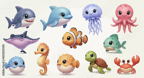 A charming collection of cute cartoon sea animals, featuring a smiling shark, dolphin, octopus, and turtle for kids' designs.