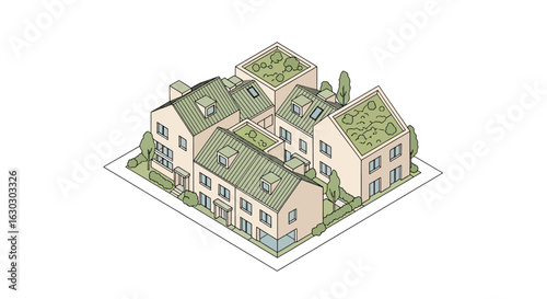 Modern apartment complex with rooftop gardens isometric view