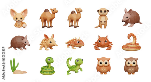 A charming collection of cute cartoon desert animals. Set of illustrated wildlife characters including a fennec fox, camel, meerkat, and owl.