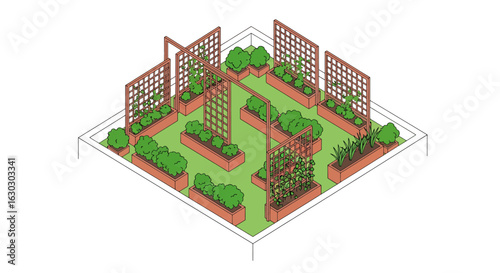 Raised garden beds with plants and trellises