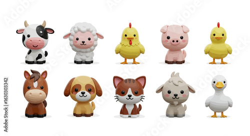 Adorable collection of 3D farm animal and pet characters. Cute kawaii style toy figurines isolated on a white background.