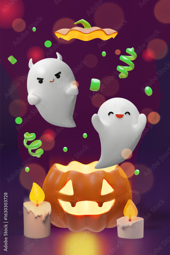 Naklejka premium 3D Halloween illustration featuring two floating ghosts above a glowing carved pumpkin, candles, confetti. Perfect for banners, party invitations, seasonal decorations, and holiday designs.