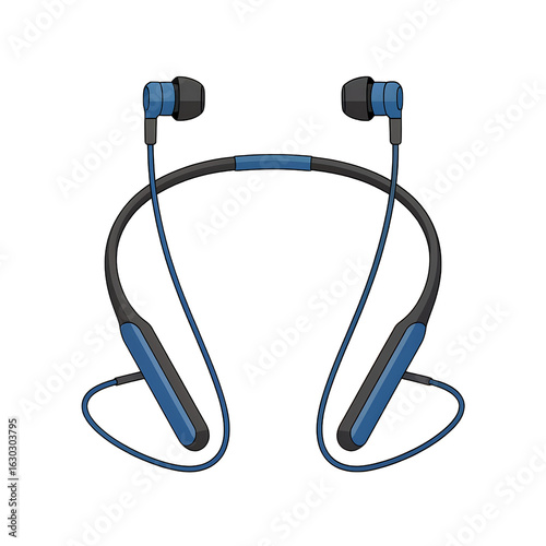 Modern blue wireless neckband earphones with earbuds for music and calls isolated on transparent background