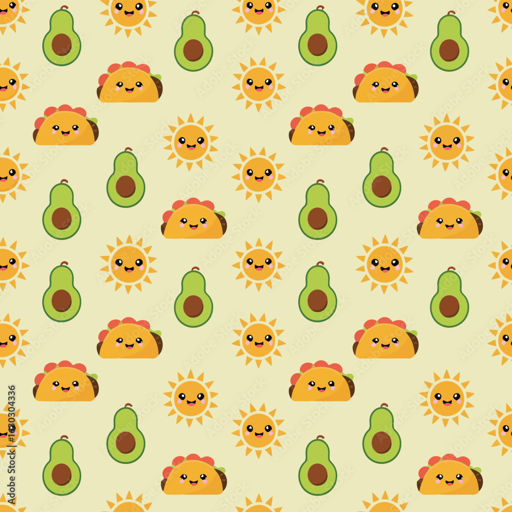 Obraz premium Vector illustration of Cute Taco, Avocado, and Sun Pattern: Vibrant Mexican Food Design