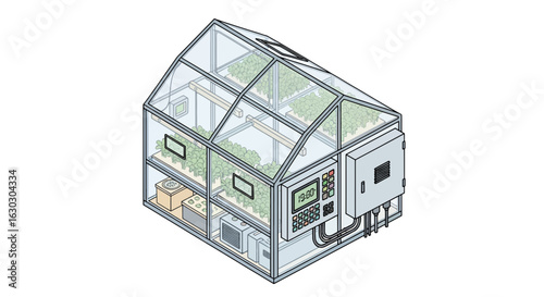 Indoor greenhouse with control panel and growing plants