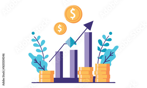 Money Growth and Finance Investment Illustration Set – Dollar Coins, Profit Charts, and Wealth Development Graphics