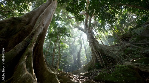 Jungle trees with large buttress roots viewed