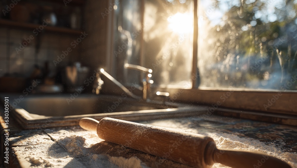Rustic kitchen countertop with rolling pin, flour, and sunlight streaming through window Rustic kitchen countertop with rolling pin, flour, and sunlight streaming through window