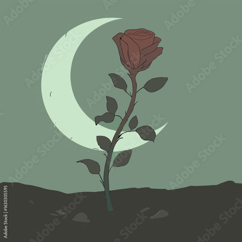 A solitary deep red rose stands tall against a pale crescent moon in a dreamlike muted green nocturnal landscape