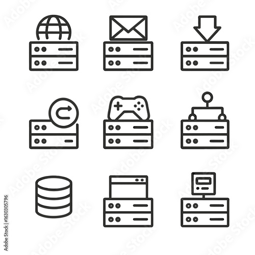 Server Icons Grid. Outline icon set of server types: web server, mail server, FTP server, proxy server, game server, DNS server,