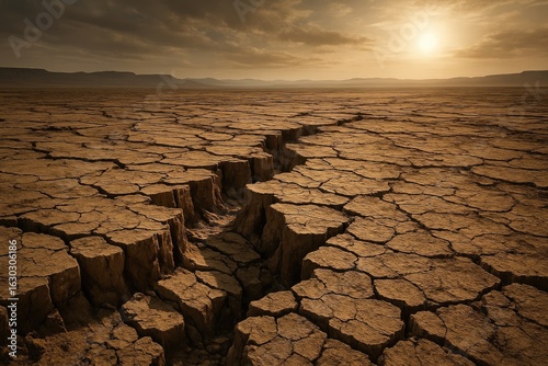 Cracked earth landscape under sunset
