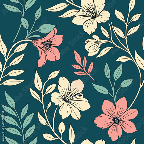 Elegant floral pattern featuring soft pink and cream blossoms with delicate green leaves on a deep teal background