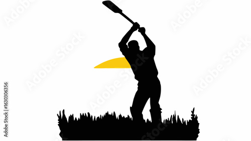 Silhouette of a person holding a cricket bat high above their head in a field with a yellow arc in the sky