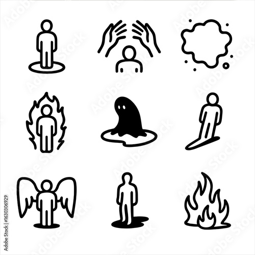 Shadow Effect Icons. Outline icon set of shadow effects: silhouette, shadow hands, shadowy mist, dark aura, creeping shadow,