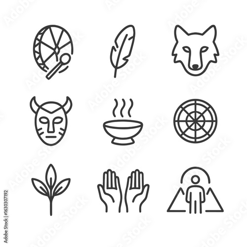 Shamanic Ritual Icons. Outline icon set of shamanic rituals: drum, feather, spirit animal, mask, smoke, talisman, sacred plant,