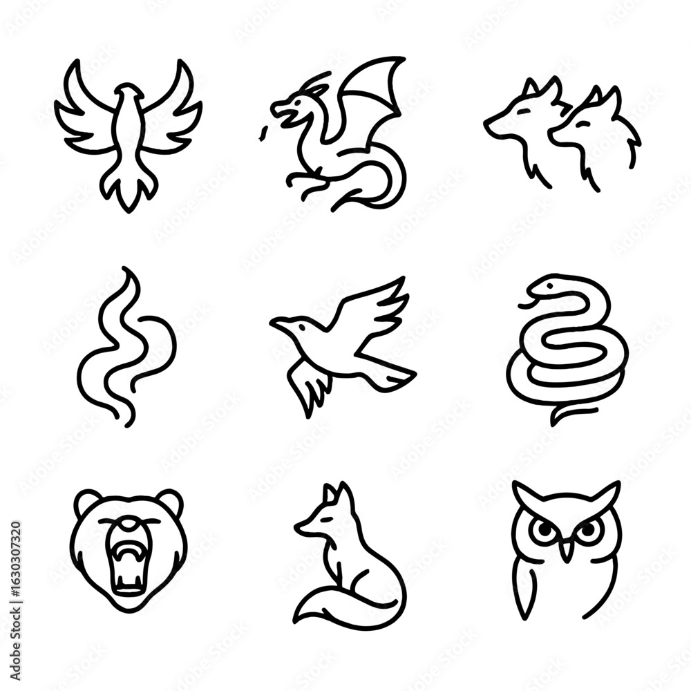 Fototapeta premium Shape-Shifter Icons. Outline icon set of shape-shifter animals and spirits: phoenix form, dragon shape, wolf pack, spirit mist,