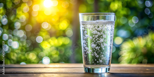 A tall glass of sparkling water with bubbles, catching the sunlight in a garden setting with a blurred green background
