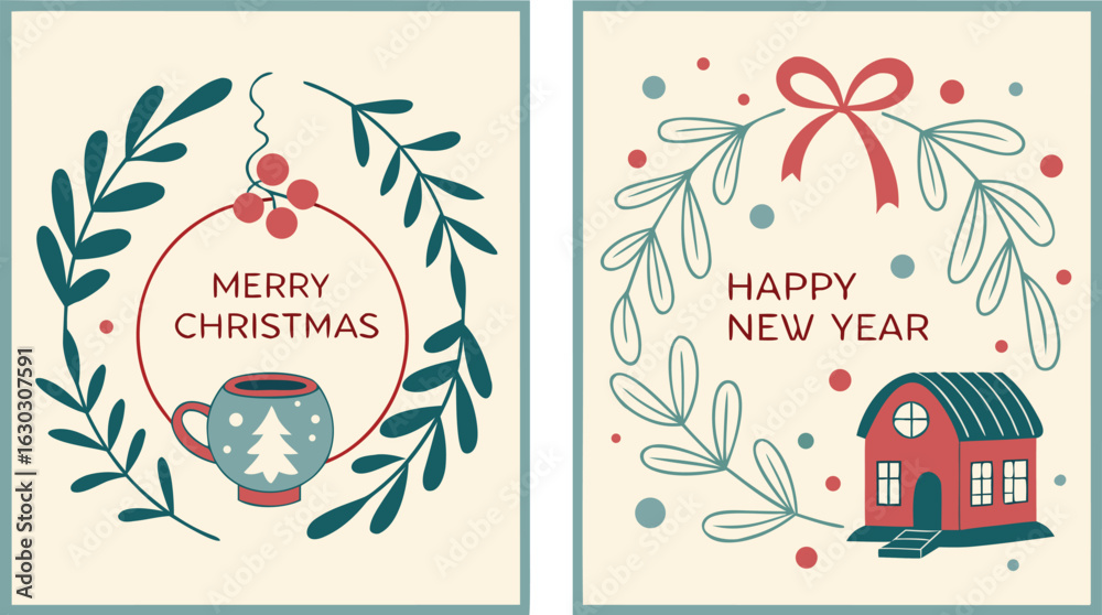 Naklejka premium Set Christmas cards with Christmas tree, wreath, christmas elements. Vector illustrations.Christmas card set. Merry Christmas and Happy New Year greeting with cute santa claus lettering vector.
