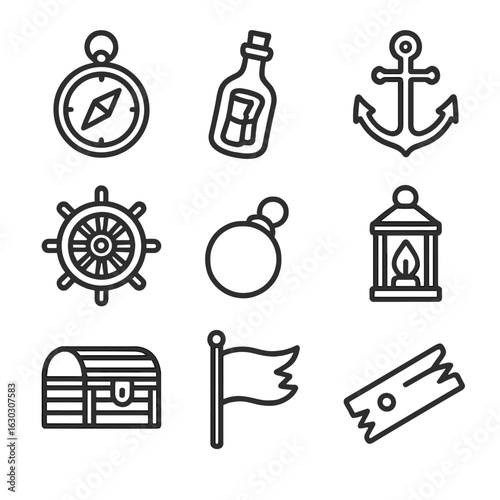 Shipwreck Artifacts Icons. Outline icon set of shipwreck artifacts: compass, old bottle, anchor, wheel, cannonball, lantern, chest