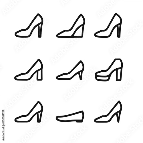 Shoe Heel Icon Set. Outline icon set of shoe heels: high heel, wedge heel, stiletto, block heel, kitten heel, platform heel, cone