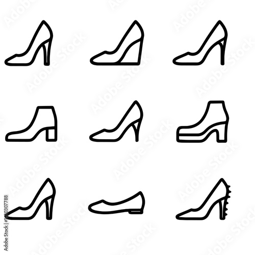 Shoe Heel Icon Set. Outline icon set of shoe heels: high heel, wedge heel, stiletto, block heel, kitten heel, platform heel, cone