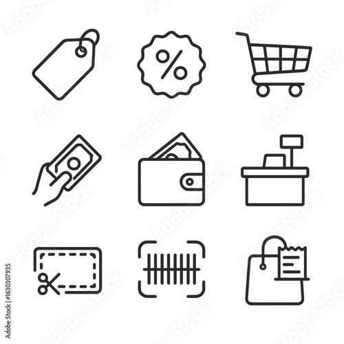 Shopping Icon Set. Outline icon set of shopping and money: price tag, discount label, shopping cart, cash payment, wallet with