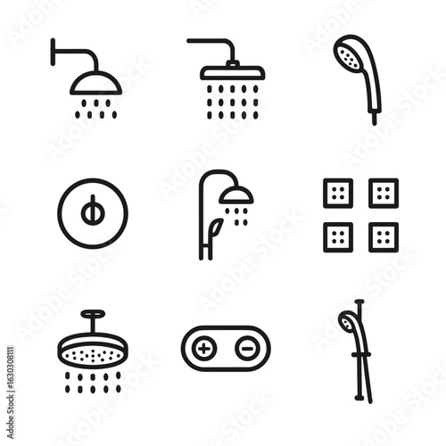 Shower Fixture Icons. Outline icon set of shower fixtures: wall shower head, rain shower, handheld shower, shower valve, dual