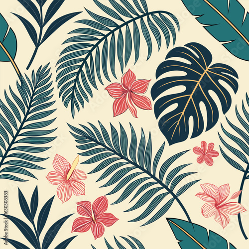 A vibrant tropical pattern featuring dark blue monstera leaves teal ferns and coral hibiscus flowers on a creamy background