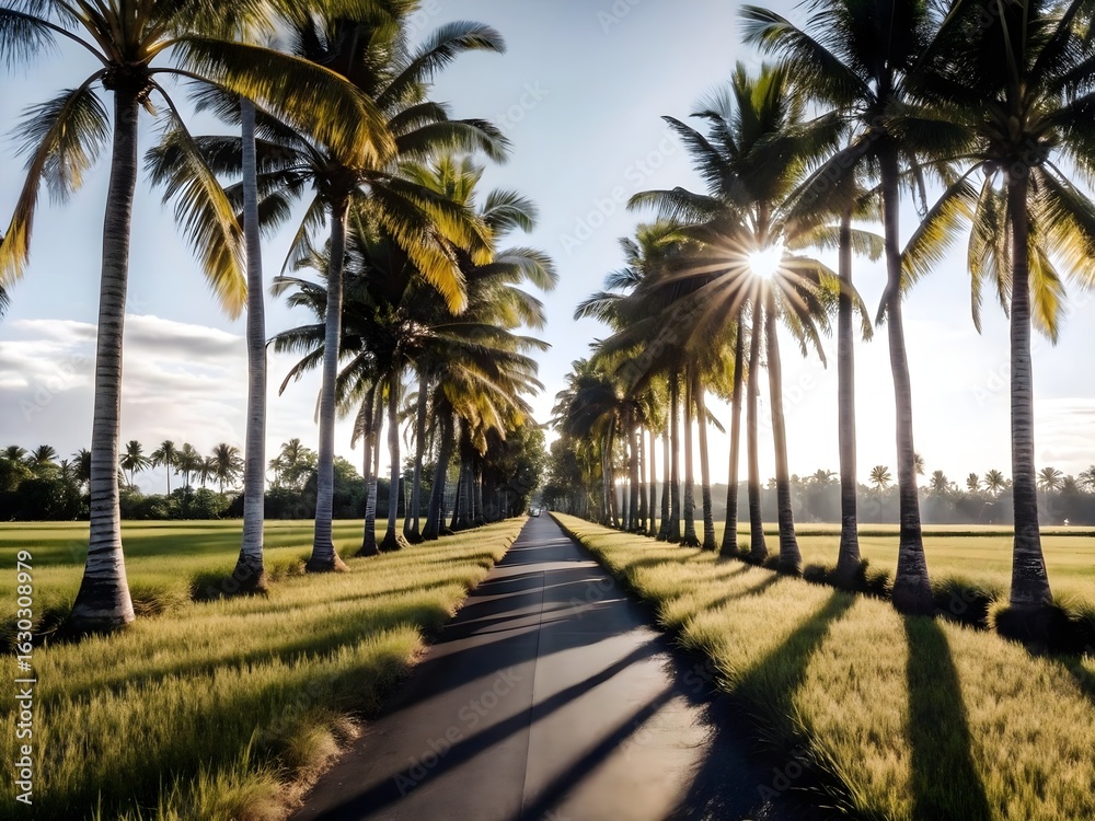 Obraz premium Sun-Drenched Road Lined with Palm Trees, Through Lush Green Rice Paddies