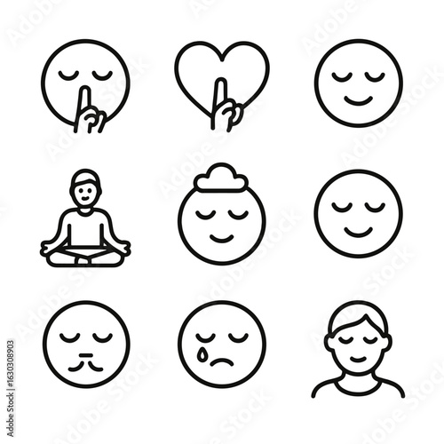 Silent Emotions Icons. Outline icon set of silence and emotions: calm face, peaceful heart, serene expression, relaxation pose,