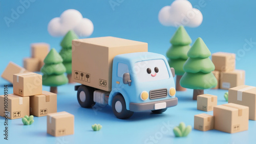 Cute blue delivery truck surrounded by cardboard boxes and green trees under a bright sky