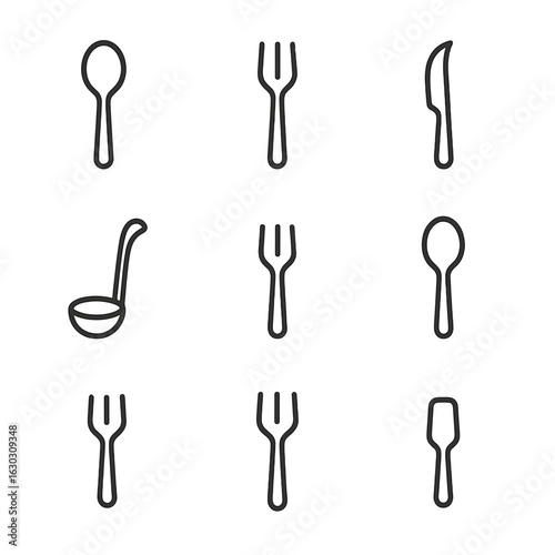 Silverware Icon Set. Outline icon set of silverware for events: buffet spoon, cocktail fork, cheese knife, punch ladle, appetizer