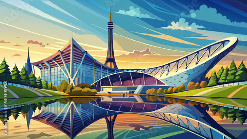 The Olympiapark Stadium in Munich, Germany stands under a wide sky. A panoramic composition reveals shimmering glass, curved structures, and reflections—ideal for a bold semi-realistic vector masterpi