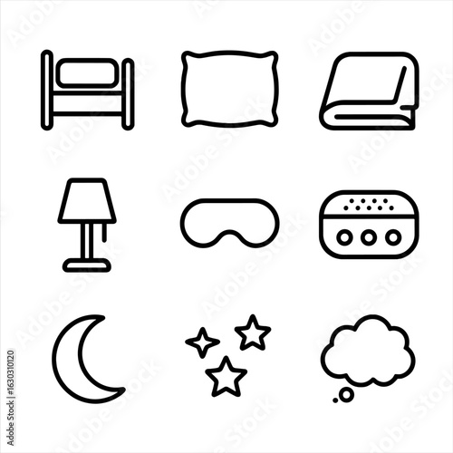 Sleep Icons Set. Outline icon set of quiet sleep: bed, pillow, blanket, night lamp, sleep mask, sound machine, moon, stars, dream