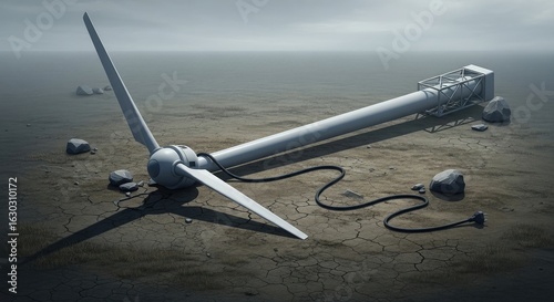 Damaged wind turbine on dry ground