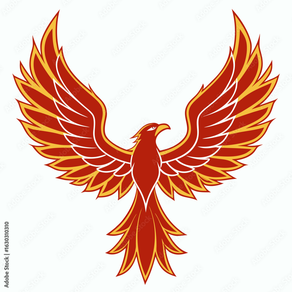 Obraz premium Illustration of a majestic phoenix with fiery red and gold plumage, isolated on white background, symbolizing rebirth, power, and transformation