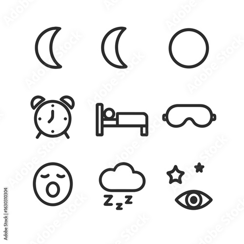 Sleep Cycle Icons. Outline icon set of sleep cycle: moon phases, alarm clock, bed, sleep mask, night light, yawning face, dream