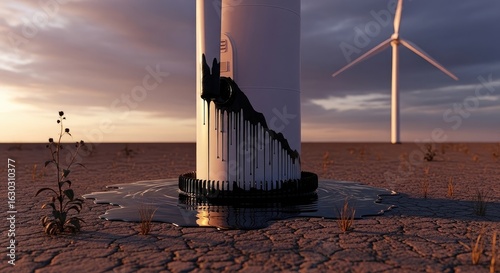 Damaged wind turbine tower in desert landscape
