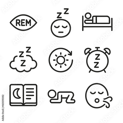 Sleep Cycle Icons. Outline icon set of sleep cycle: REM, deep sleep, light sleep, dream cloud, circadian rhythm, sleep timer,