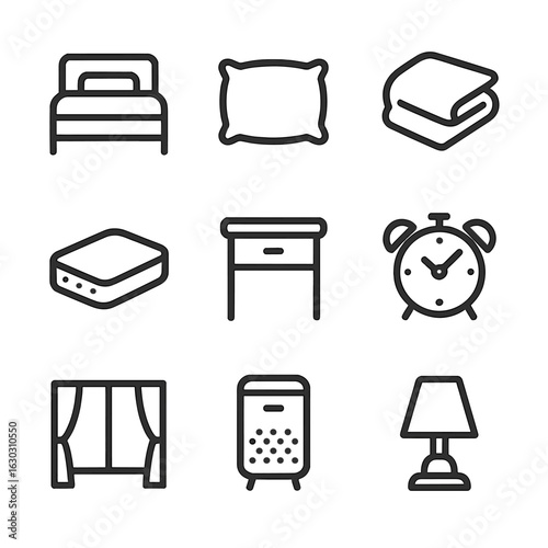 Sleep Icon Grid. Outline icon set of sleep environment: bed, pillow, blanket, mattress, bedside table, alarm clock, window with