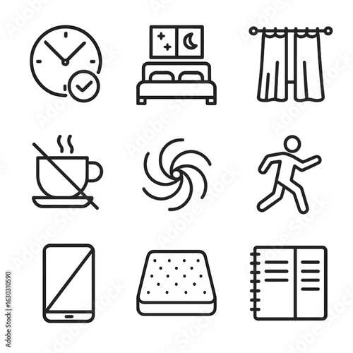Sleep Hygiene Icons. Outline icon set of prevention tips: regular sleep schedule clock, calm bedroom outline, blackout curtain,