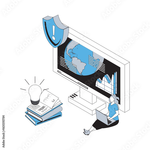 Ecology 3d isometric concept with isometry people design for web. Woman learning environmental issues, taking care of Earth planet and nature, and trying to stop of climate change. Vector illustration