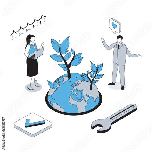 Ecology 3d isometric concept with isometry people design for web. Eco friendly volunteers taking care of Earth planet and nature, green forest and trying to stop of climate change. Vector illustration