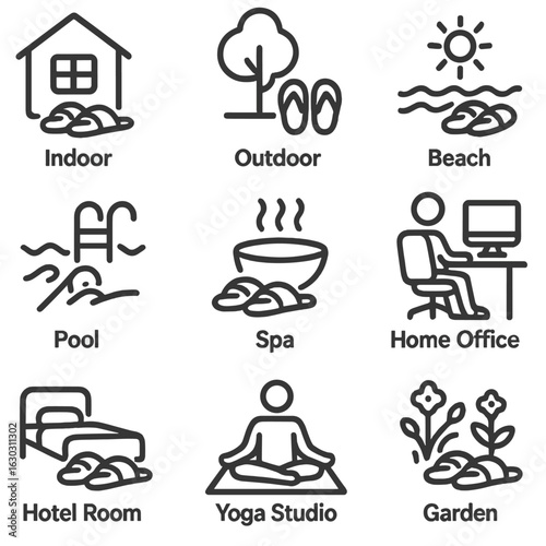Slipper Usage Icons. Outline icon set of slipper usage scenarios: indoor, outdoor, beach, pool, spa, home office, hotel room, yoga