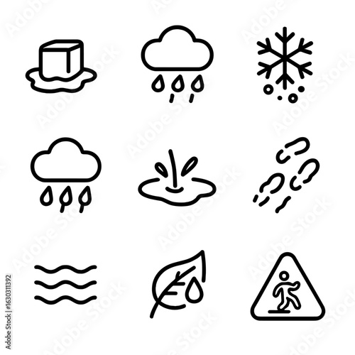 Slush Weather Icons. Outline icon set of slush weather conditions: thawing ice, slush rain, wet snowflake, freezing rain, puddle