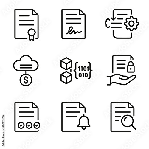 Smart Contract Icons. Outline icon set of smart contracts: contract document, digital signature, automated deal, oracles,