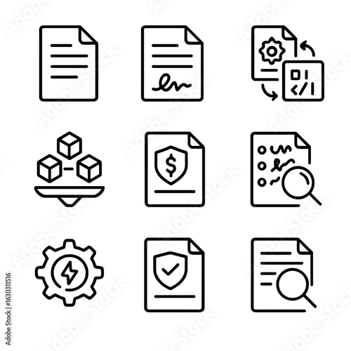 Smart Contract Icons. Outline icon set of smart contracts: contract document, digital signature, automated deal, oracles,
