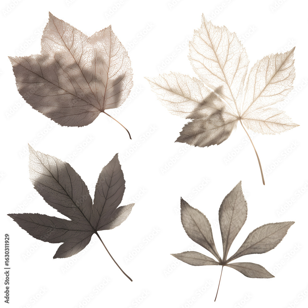 Obraz premium Collection of 4 mixed-species leaf shadows--irregular shapes, subtle edge blur; transparent; 4K. --raw