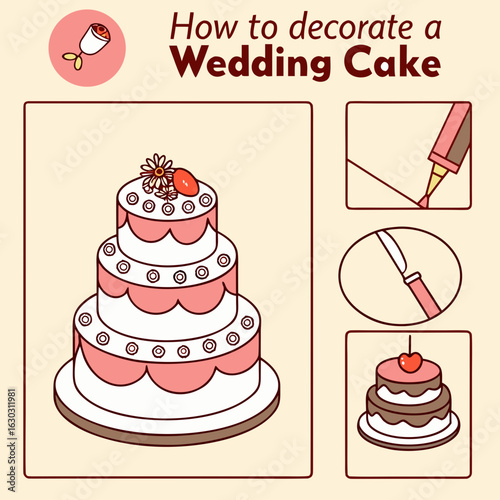 Vector infographic design of "How to Decorate a Wedding Cake" — step-by-step visual guide including fondant layering, flower placement, chocolate drips, and final touches. Clean layout with labeled pa